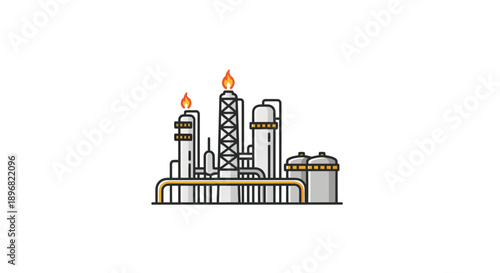 Industrial Oil Refinery Complex with Flare Stacks.