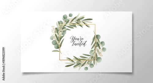 Elegant Floral Invitation Card with Greenery and Text.
