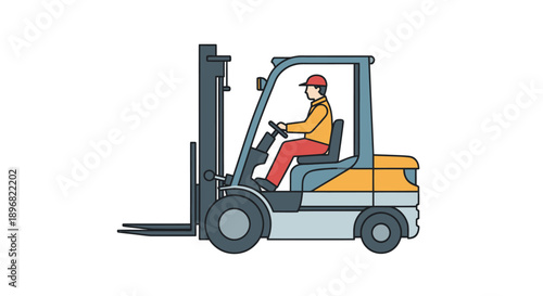 Cartoon illustration of a person operating a yellow and gray forklift truck.