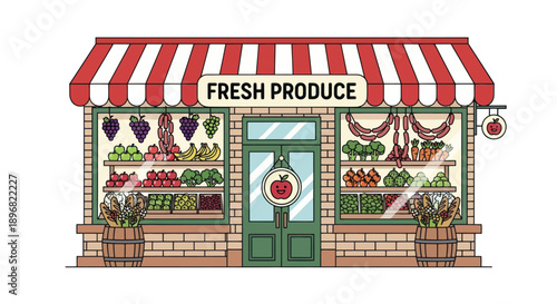 Vibrant Cartoon Fresh Produce Store Front with Red Striped Awning.