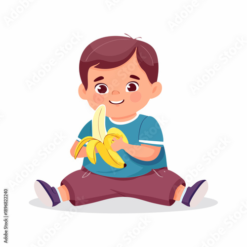 Cartoon Boy Eating Banana on Floor.