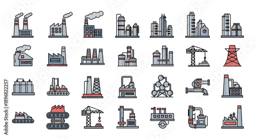 Collection of industrial factory and construction building icons.