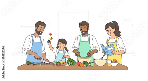 Diverse Family Illustration Cooking Healthy Meal with Fresh Vegetables in Kitchen.