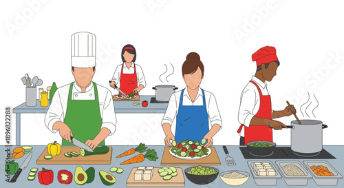 Diverse group of chefs preparing food in a professional kitchen setting.