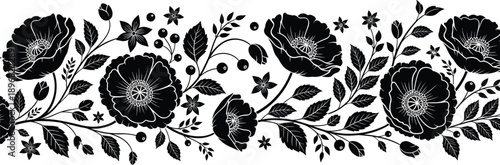 described features a beautifully arranged horizontal row of flowering plants, characterized by a striking monochromatic color palette against 