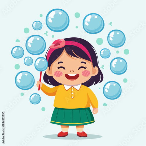 Smiling Girl Blowing Bubbles with Joy.