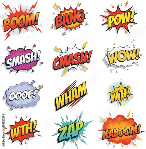 Comic Book Sound Effects Vectors - Boom Bang Pow Smash Wham Zap Kaboom Wow Oof Crash Explosions Set