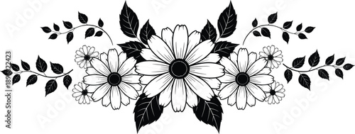 described features a striking black and white floral decoration design characterized by intricate line work and shading. 