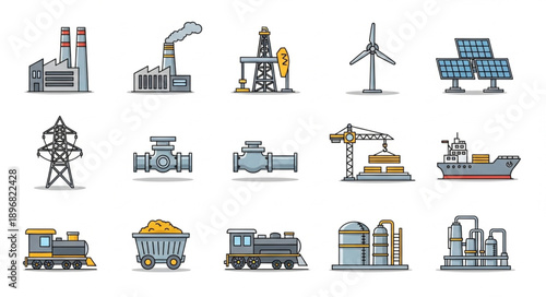 Collection of industrial and energy production icons.