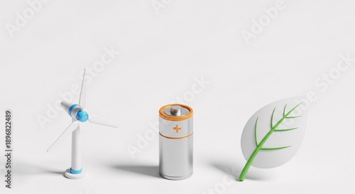 Sustainable energy concept featuring wind turbine, battery, and leaf symbolizing eco-friendly power generation and storage