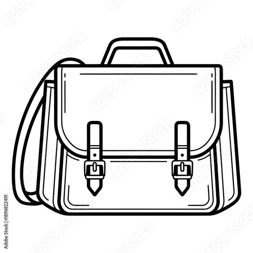 Stylish leather satchel bag with buckles and strap shown in a minimalist sketch style with clean lines and a modern aesthetic