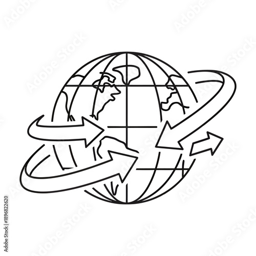 Globe with rotating arrows symbolizing global connections and international business with a simple line drawing style on a white background representing worldwide communication
