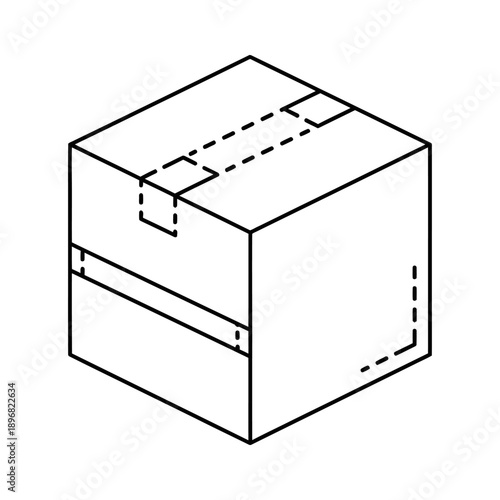 Detailed isometric illustration of a closed cardboard box with dashed lines indicating folds and a handle on the side in black lines on white background