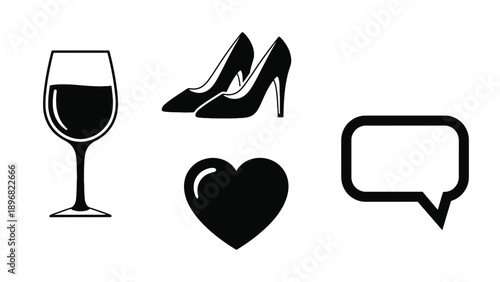 Professional collection of lifestyle icons including wine glass high heels and heart for Valentine's date night and fashion retail business branding.