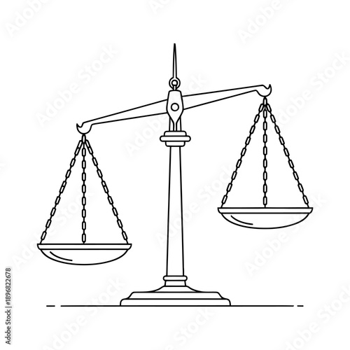 Scales of justice balance equilibrium law and order concept with a black line drawing of a balance scale on a white background