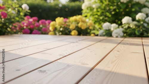 Wooden deck with colorful flowers in soft focus bright sunlight natural outdoor background