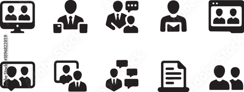 Business communication and collaboration icons depicting meetings, discussions, video calls, and document sharing, illustrating teamwork and professional interaction in modern workplaces.