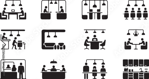 Business meeting and office collaboration icons set, representing teamwork, conferences, and modern workplace environments with people interacting at tables and desks