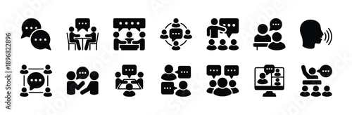 Business meeting discussion icons set representing collaboration teamwork and communication in diverse group settings vector symbols