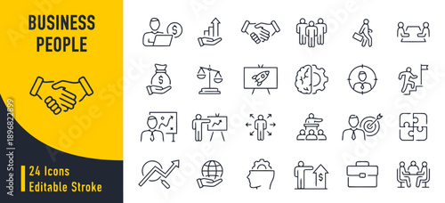 Business people icons representing professional work, teamwork, and financial growth, Editable stroke vector illustrations for corporate strategy and success