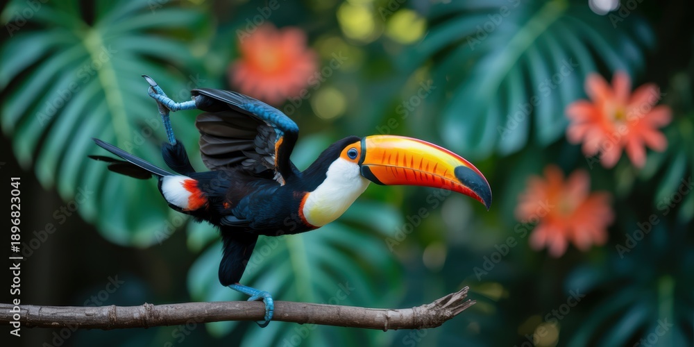 Fototapeta premium Colorful toucan bird with large beak perched on tropical branch in lush jungle garden with green leaves and orange flowers