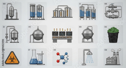 Collection of industrial and scientific equipment illustrations.