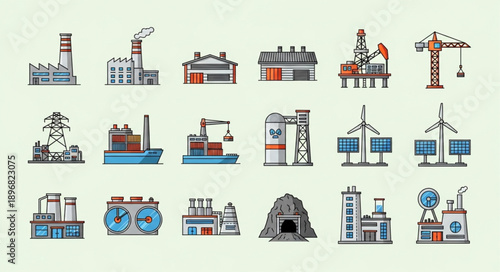 Collection of industrial buildings and factories in pixel art style.