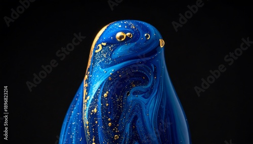 Abstract Blue and Gold Liquid Sculpture with Bubbles.
