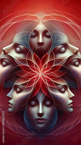 Surreal faces in a mandala pattern.