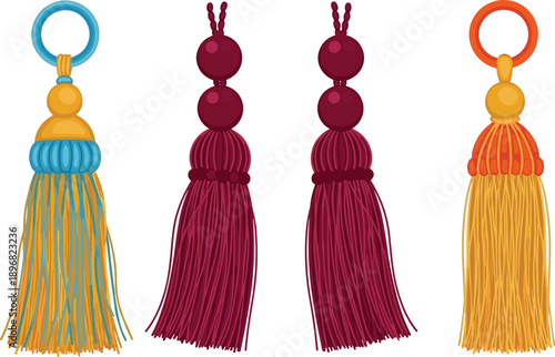 Colorful tassel designs, decorative hanging ornaments, vibrant textile art, traditional craft accessories, handmade string decor, cultural embellishments, festive charm