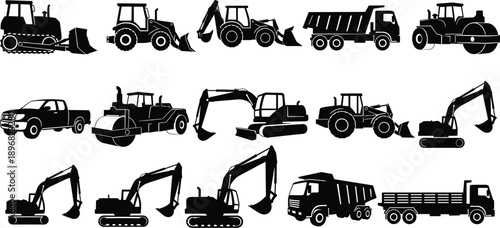 Construction vehicles silhouettes, bulldozer, excavator, dump truck, tractor, road roller, heavy machinery icons for industrial design, engineering illustration