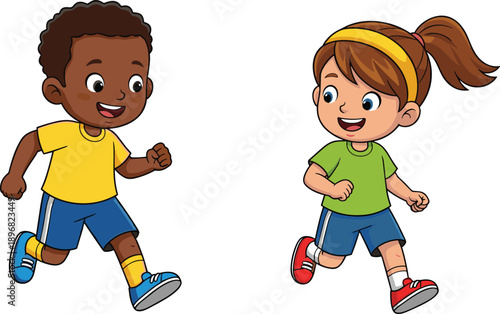 Happy cartoon children running outdoors, playful kids enjoying exercise, friendship, fun activity, childhood energy, sports, healthy lifestyle illustration