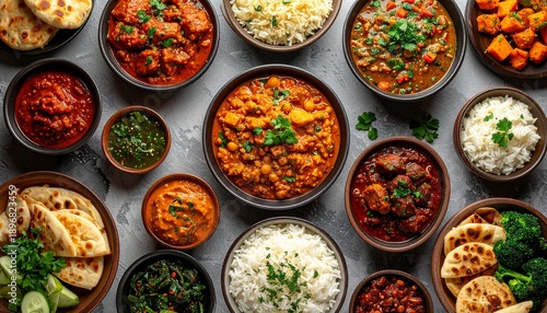 Flat lay of diverse Nigerian Ramadan food variety featuring colorful jollof rice stews and traditional soups in ceramic bowls