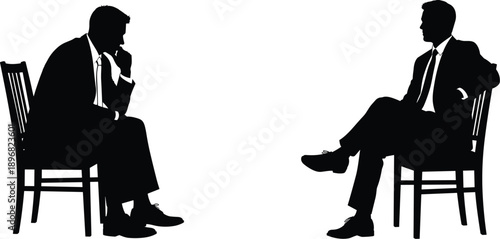 Silhouette business men in suits sitting on chairs, professional conversation, negotiation, interview, corporate meeting, teamwork, partnership, success