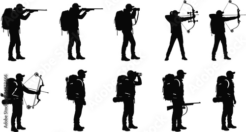 Silhouette hunters, archers, hikers, tactical figures with backpacks, outdoor adventure, military training, survival skills, wilderness exploration, scouting