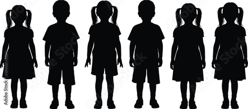 Silhouettes of children standing in row, alternating girl and boy figures, educational pattern recognition, gender identification concept illustration