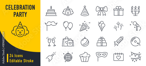 Celebration party icons set representing festive events cakes gifts balloons and fun editable stroke vector