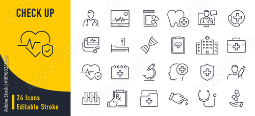 Check up health care icons set with doctor patient and medical equipment for clinic or hospital visit editable stroke