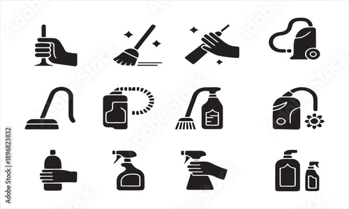 Cleaning service icons with brooms, mops, vacuum cleaners, and spray bottles, showcasing household chores and hygiene, black silhouettes for cleaning product branding.