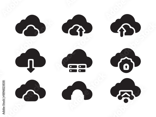 Cloud computing technology icons representing storage networking data upload download server security hosting connectivity internet services infrastructure database backup information system elements