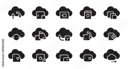Cloud storage and data synchronization vector icons set for web design, app interface, and digital illustration projects featuring concepts of cloud computing, file transfer, and backup solutions