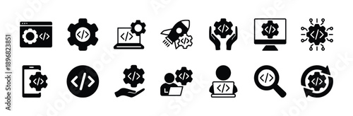 Coding and programming icons featuring gears code symbols computers laptops and mobile phones representing software development and project management concepts