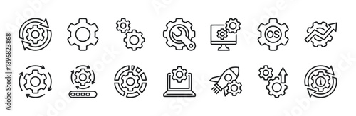 Cogwheel and gear icons symbolizing process workflow and system operations including settings optimization project management and technical solutions icons