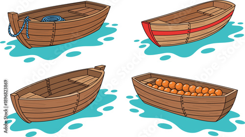 Wooden rowboats floating on calm stylized water, rustic vessels with ropes, buoys, and painted details for nautical stock photography