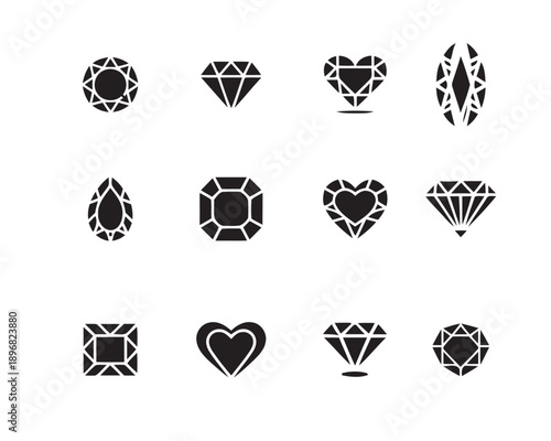 Collection of 12 unique black flat icons illustrating various diamond shapes and cuts, representing gemstones and jewelry.