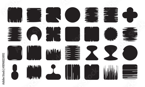 Collection of abstract black brush stroke shapes and elements for graphic design, vector graphics, creative grunge textures, artistic designs, decorative elements, modern abstract art.