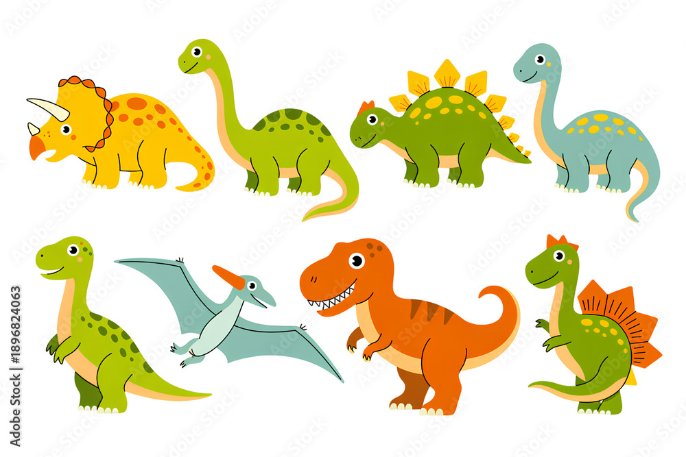 Naklejka premium Cute cartoon dinosaurs collection diverse prehistoric creatures in bright colors isolated on transparent background