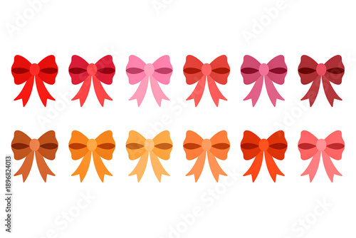 Colorful ribbon bows collection in various shades of red pink orange and brown for gift decoration and crafts