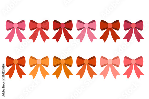 Colorful ribbon bow collection in red pink and orange shades for gift packaging and festive holiday decor