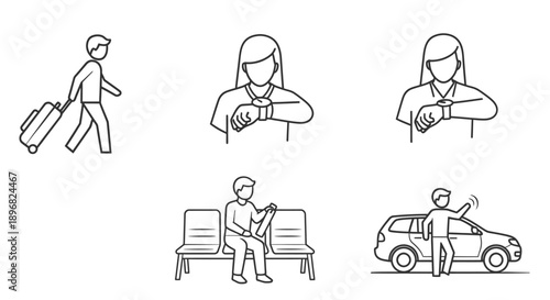 line art icons depicting travel journey elements luggage watch waiting waving for passenger logistics airport and transport.